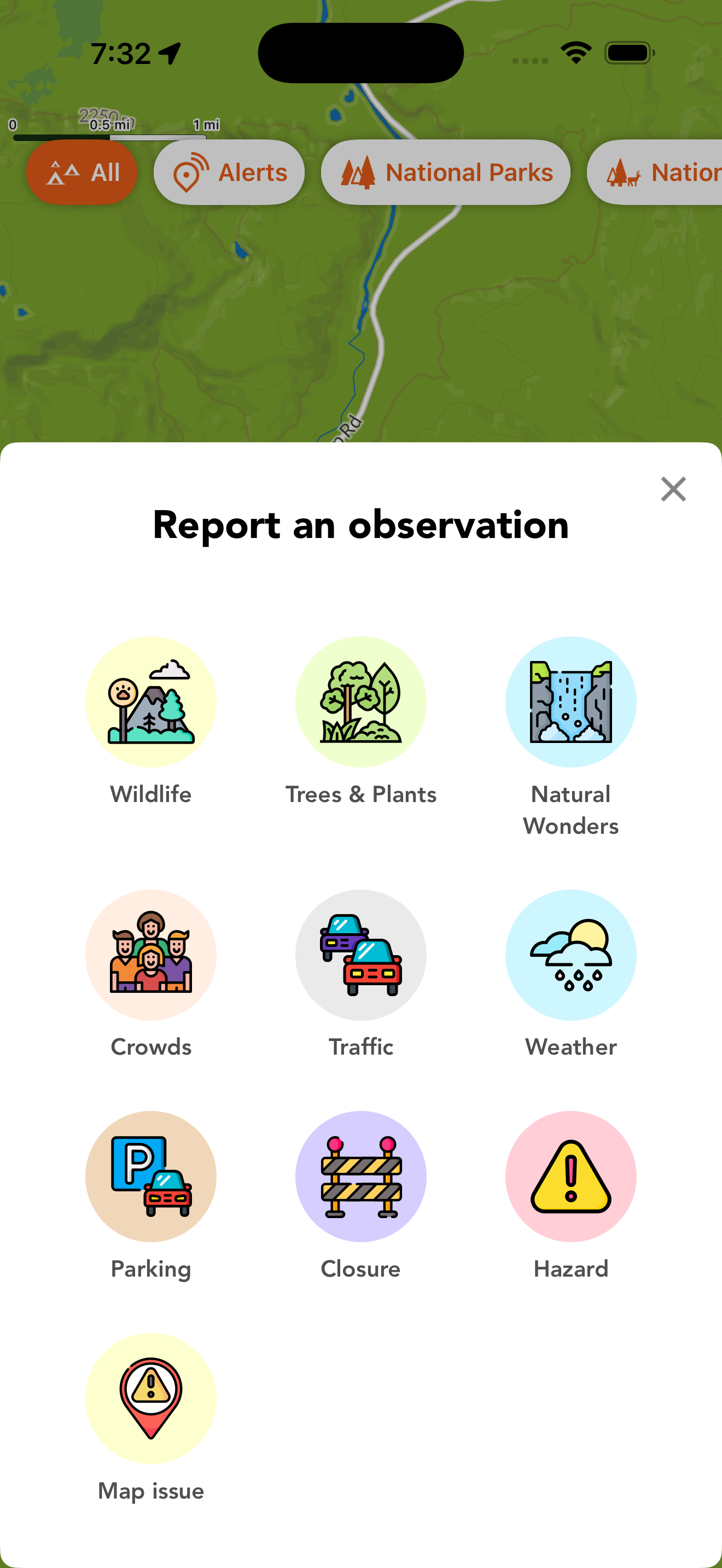 Chimani report an observation view showing wildlife, closures, hazards, parking, traffic, weather, and crowd reports