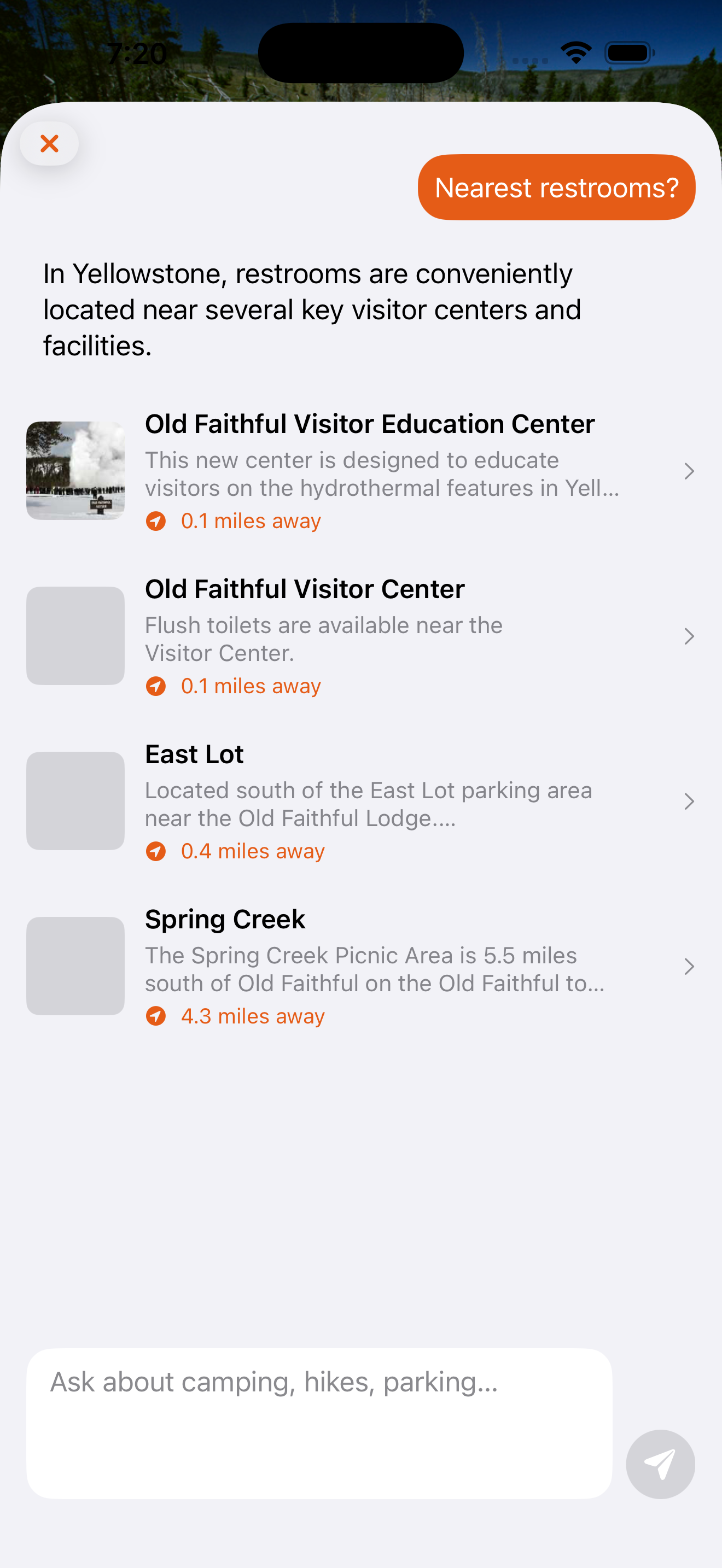 Parkly assistant view in the Chimani app