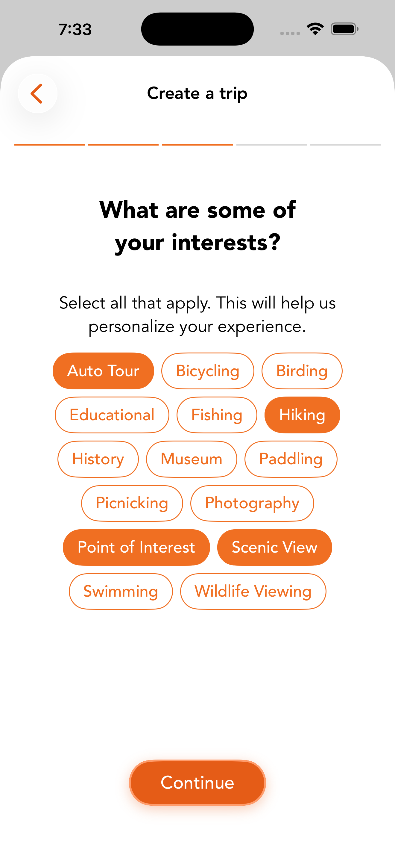 Trip planning flow in Chimani