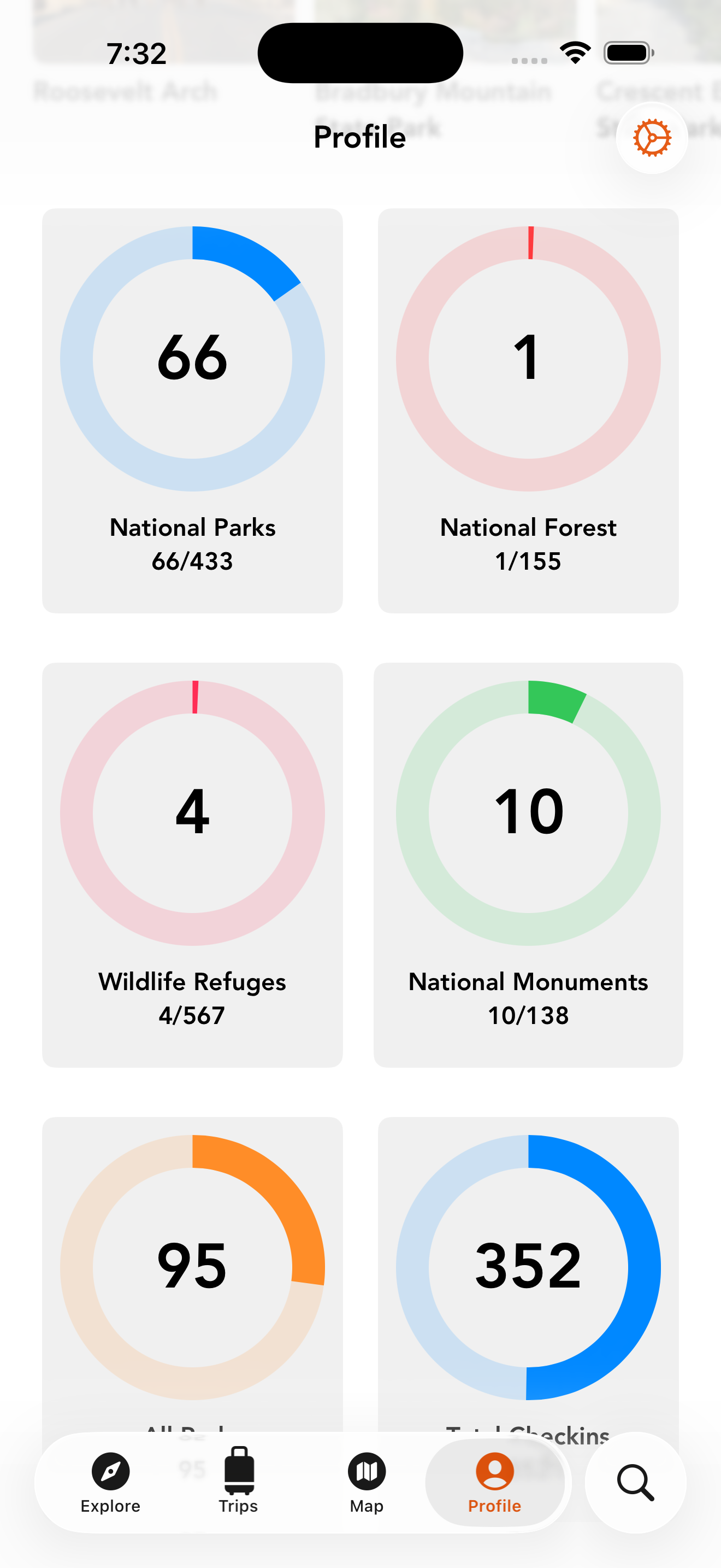 Visit tracking profile and badges view in the Chimani app